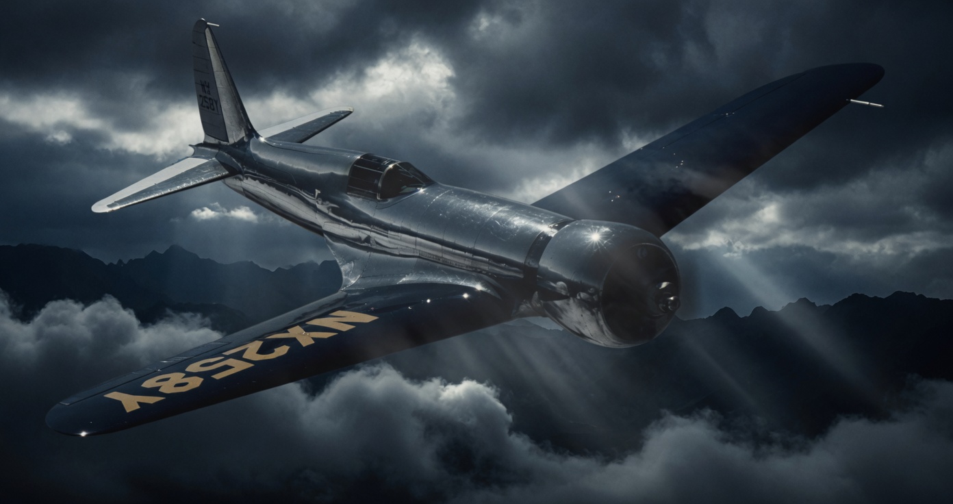 Hughes H-1 Racer over dark weather, aluminum catching a shaft of light