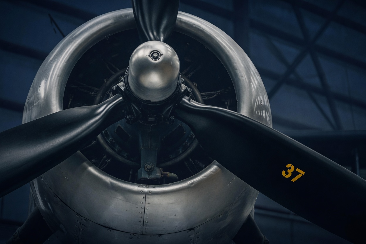 Polished aluminum cowling and propeller in a dark hangar